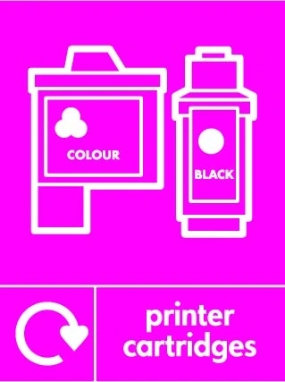 Printer cartridges sign showing white printer cartridges pictogram with recycling arrow beside wording on magenta background. Artwork ELEC0127.