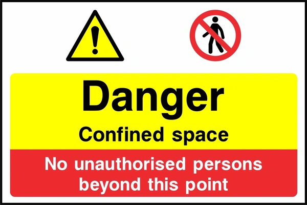 Yellow and red panels with warning and no-entry symbols with Danger Confined space — No unauthorised persons beyond this point wording. CONS0128 artwork.