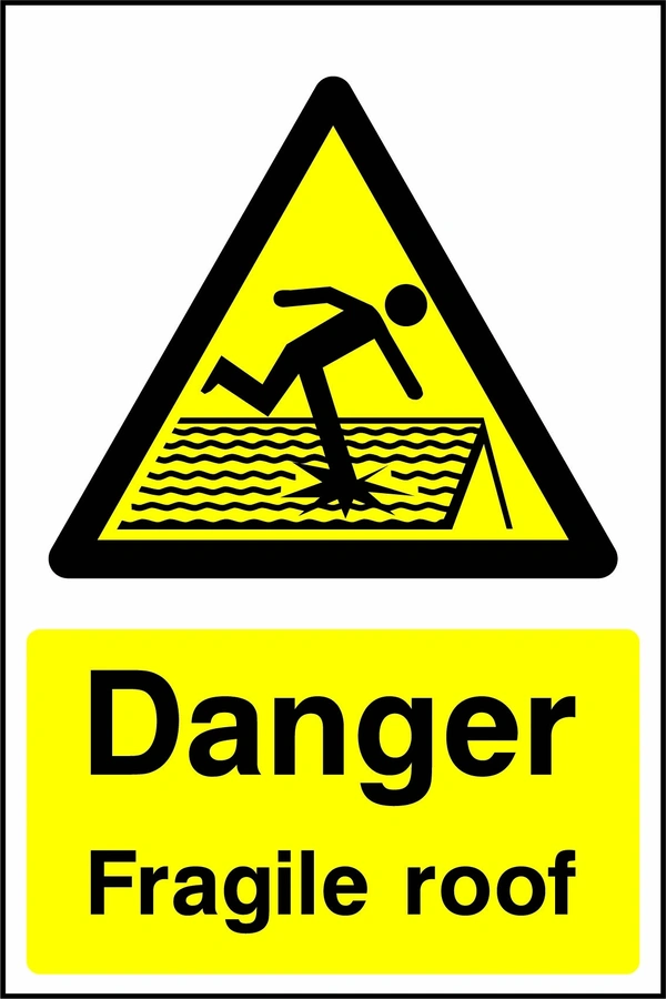 Yellow and black danger sign featuring a person falling through a roof pictogram and Danger Fragile roof wording. CONS0024 artwork.