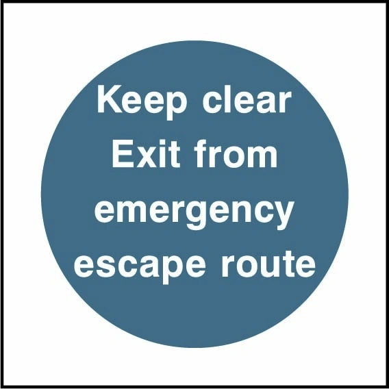 Keep clear — Exit from emergency escape route sign showing blue circular mandatory wording. Artwork FPRV0004.