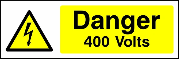 Danger — 400 Volts sign showing yellow electrical lightning bolt warning triangle beside wording. Artwork ELEC0003.