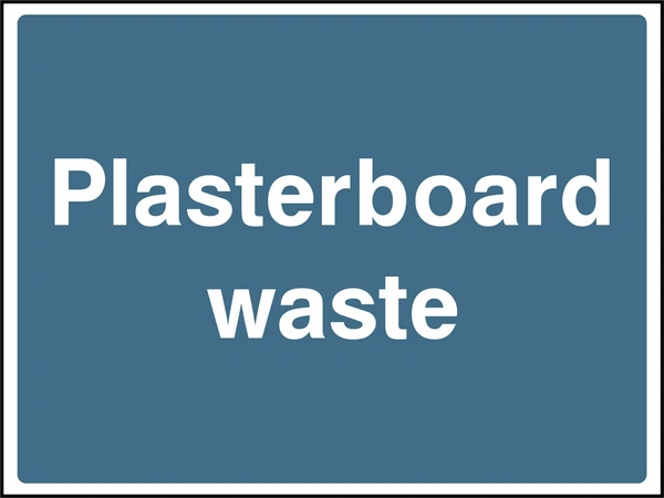Large white lettering on a blue background with Plasterboard waste wording. CONS0108 artwork.