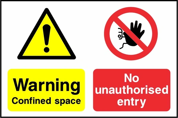 Warning — Confined space — No unauthorised entry. Side-by-side panels. Artwork MULT0021.