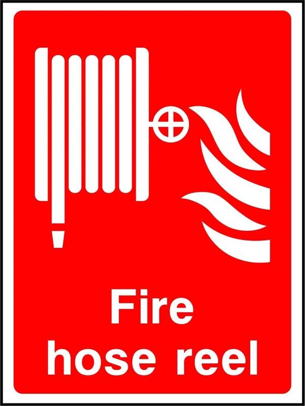 Fire hose reel sign showing hose reel pictogram above wording. Artwork FEQP0002.