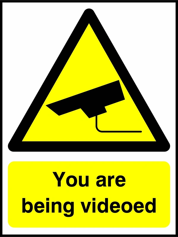 You are being videoed sign. yellow CCTV camera warning triangle and wording. Artwork SECU0037.