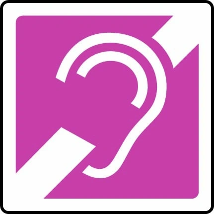 Hearing assistance pictogram sign showing white ear symbol on a magenta background. Artwork DDA0019.