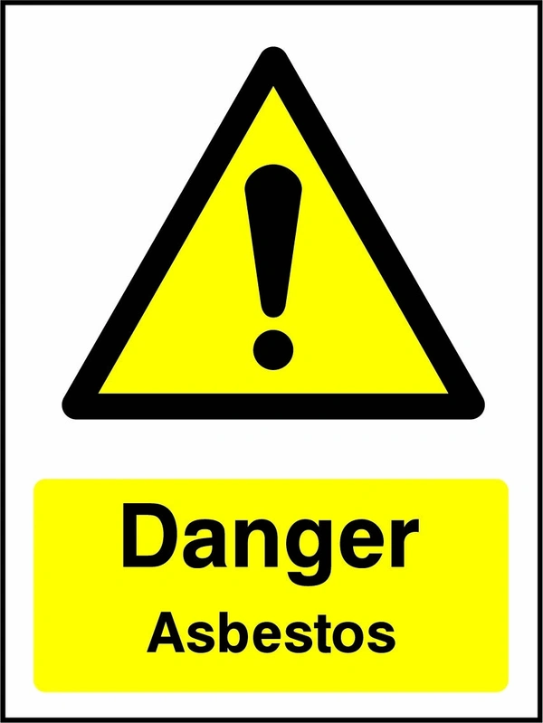Danger — Asbestos sign showing yellow exclamation warning pictogram above wording. Artwork GENE0062.