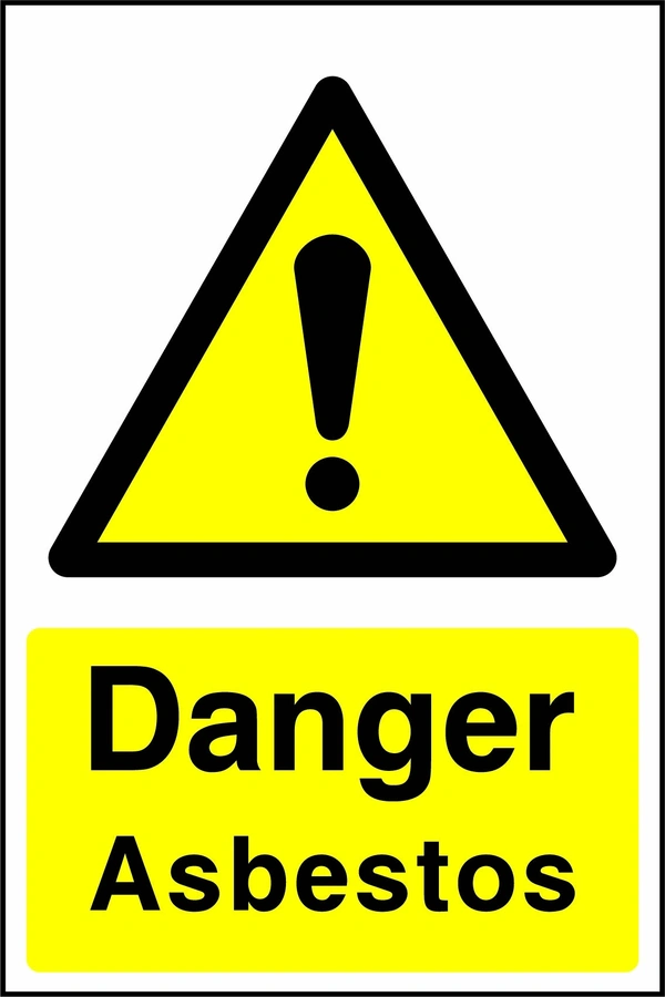 Yellow and black sign with an exclamation mark warning symbol and Danger — Asbestos wording. CONS0031 artwork.