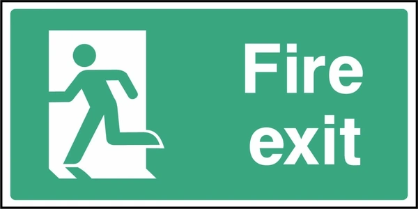 Green and white Fire exit sign showing a running-person symbol facing left. Artwork EMER0036.