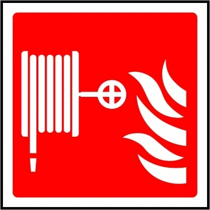 Fire hose reel pictogram sign showing hose reel and flame symbols. Artwork FEQP0052.