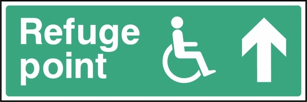 Refuge point sign showing up arrow and wheelchair symbol. Artwork EMER0073.
