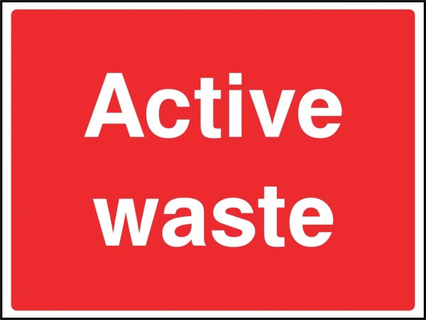 Large white lettering on a red background with Active waste wording. CONS0110 artwork.