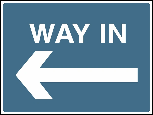Way In — Left arrow sign. blue-grey background with white lettering. Supplied artwork PARK0009.