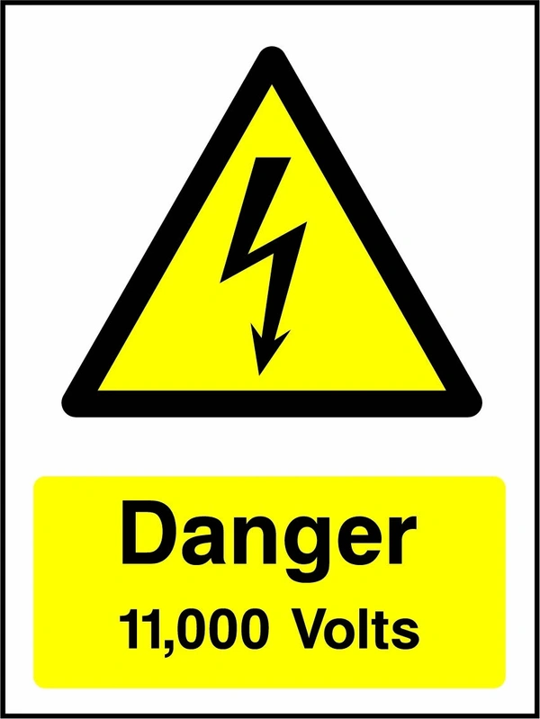 Danger — 11,000 Volts sign showing yellow electrical lightning bolt warning triangle above wording. Artwork ELEC0038.