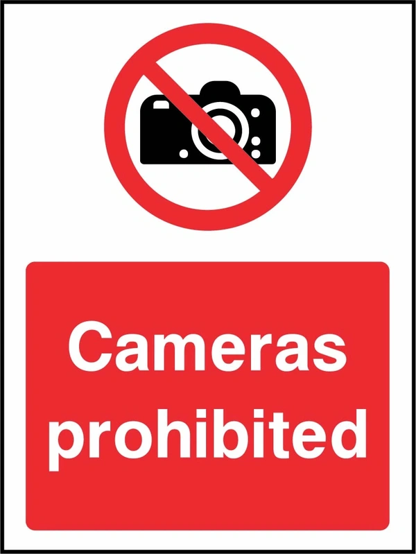 Cameras prohibited sign showing red camera prohibition symbol above wording. Artwork GENE0107.