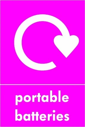 Portable batteries sign showing white recycling arrow above wording on magenta background. Artwork ELEC0075.