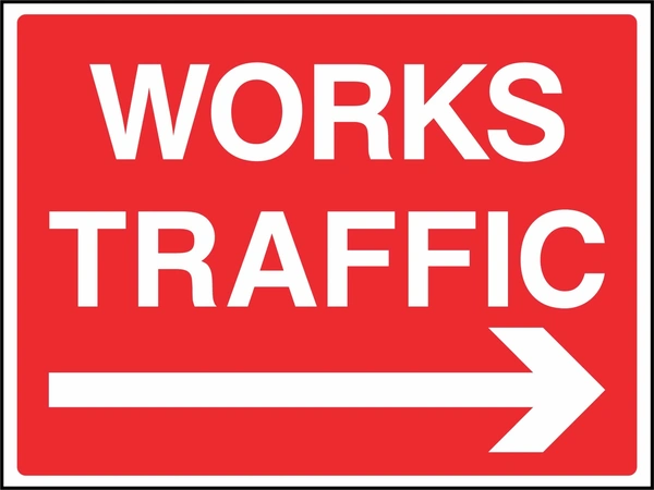 White lettering with a large right-pointing arrow on a red background with WORKS TRAFFIC wording. CONS0073 artwork.