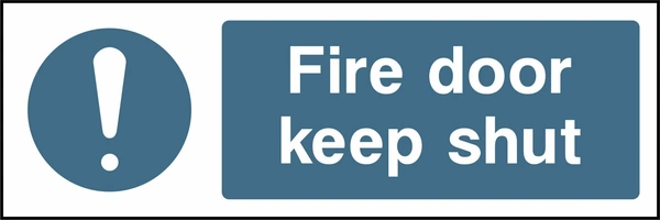 Fire door keep shut sign showing blue exclamation pictogram beside wording. Artwork FPRV0037.