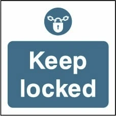 Keep locked sign showing blue padlock pictogram above wording. Artwork FPRV0025.