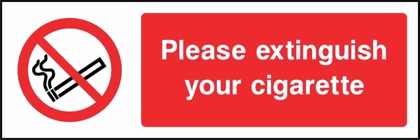 Please extinguish your cigarette sign. red cigarette or naked-flame prohibition pictogram beside a red wording panel. Artwork SMOK0016.