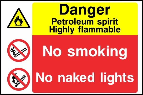 Danger — Petroleum spirit highly flammable — No smoking — No naked lights. Stacked message panels. Artwork MULT0026.