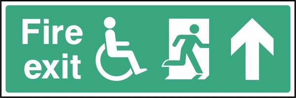Fire exit sign showing up arrow with wheelchair and running person. Artwork EMER0069.