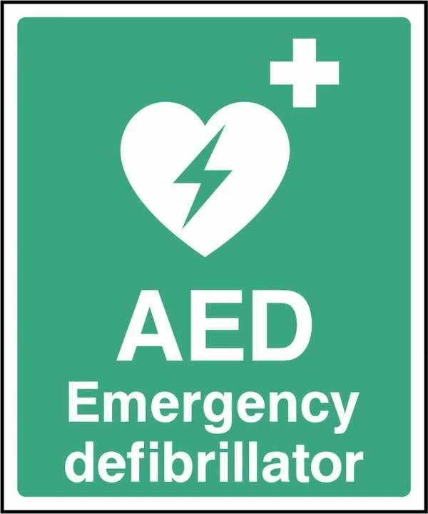 AED — Emergency defibrillator sign showing heart lightning bolt and white cross. Artwork FAID0006.