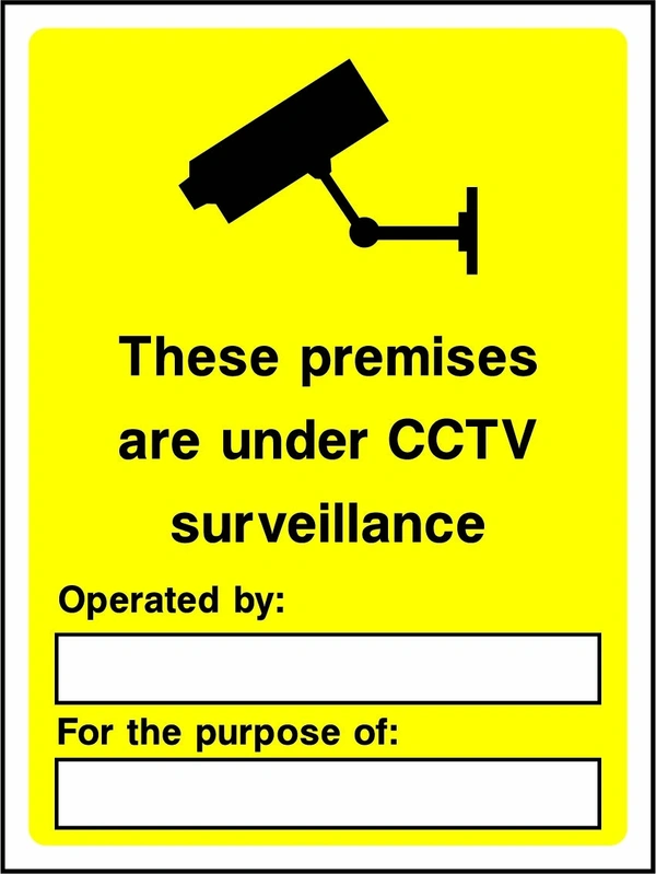 These premises are under CCTV surveillance sign. black CCTV camera pictogram and wording on a yellow panel. Artwork SECU0006.