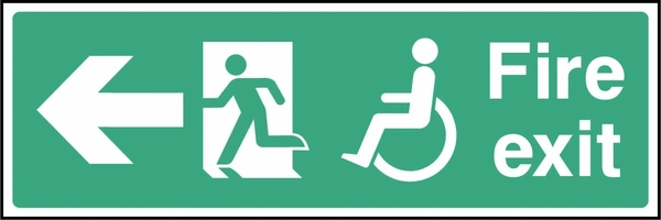Fire exit sign showing left arrow with wheelchair and running person. Artwork EMER0068.
