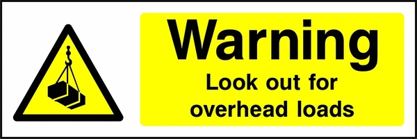 Yellow and black letterbox sign with a suspended load pictogram and Warning Look out for overhead loads wording. CONS0048 artwork.