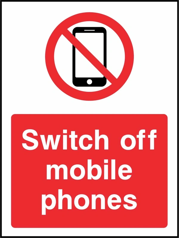 Switch off mobile phones sign showing red mobile phone prohibition symbol above wording. Artwork GENE0119.