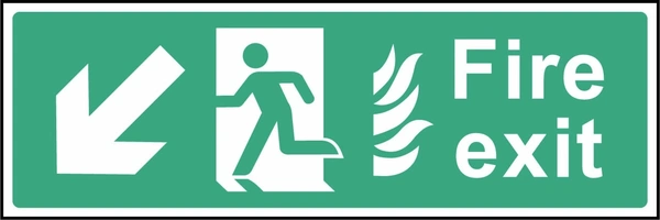 Green and white Fire exit sign showing down-left arrow. Artwork EMER0021.