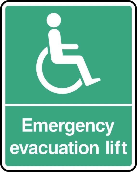 Emergency evacuation lift sign showing white wheelchair symbol above green lift wording. Artwork DDA0025.