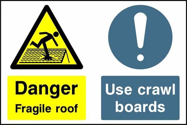 Landscape sign combining a yellow Danger Fragile roof panel and a blue Use crawl boards panel, with roof hazard and mandatory symbols. CONS0040 artwork.
