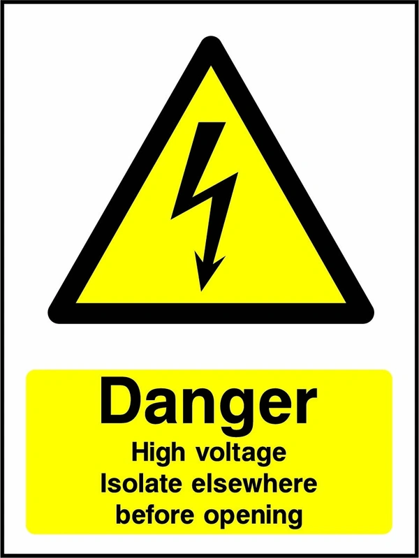 Danger — High voltage — Isolate elsewhere before opening sign showing yellow electrical lightning bolt warning triangle above wording. Artwork ELEC0059.