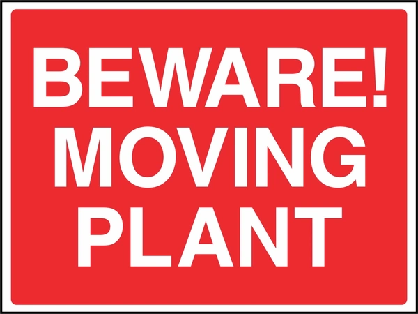 Large white lettering on a red background with BEWARE! MOVING PLANT wording. CONS0077 artwork.