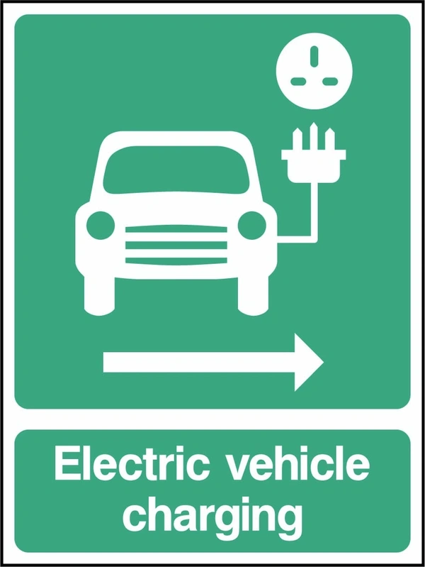 Electric vehicle charging — Right arrow sign. green-and-white electric vehicle parking pictogram and wording. Supplied artwork PARK0085.