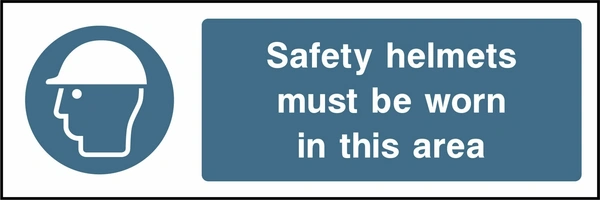 Safety helmets must be worn in this area sign showing blue safety helmet pictogram beside wording. Artwork PPE0013.