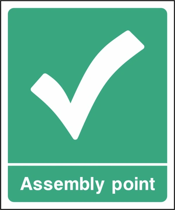 Assembly point sign showing tick symbol. Artwork EMER0075.