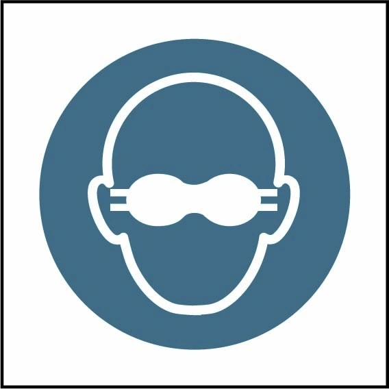 Wear opaque eye protection pictogram sign showing blue opaque goggles pictogram without wording. Artwork PPE0061.