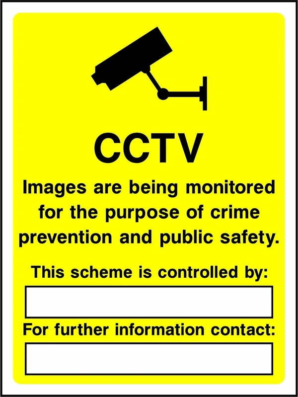 CCTV — Images are monitored for the purpose of crime prevention and public safety sign. black CCTV camera pictogram and wording on a yellow panel. Artwork SECU0005.