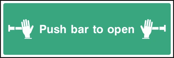 Green and white Push bar to open sign showing hands pressing a door bar. Artwork EMER0044.