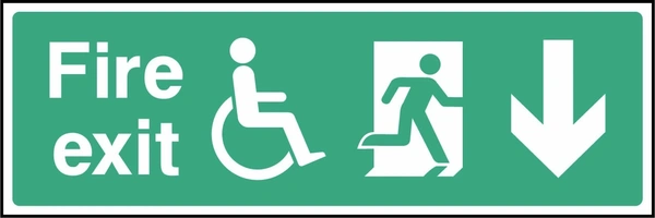 Fire exit sign showing down arrow with wheelchair and running person. Artwork EMER0070.