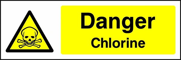 Danger — Chlorine sign with yellow triangular skull and crossbones pictogram beside wording. Artwork CHEM0013.