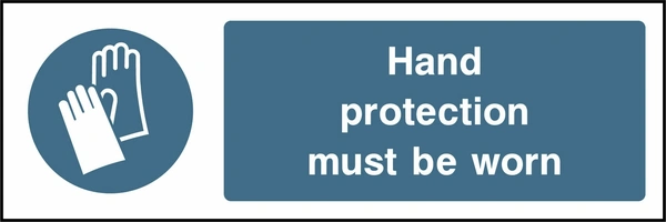 Hand protection must be worn sign showing blue protective gloves pictogram beside wording. Artwork PPE0002.