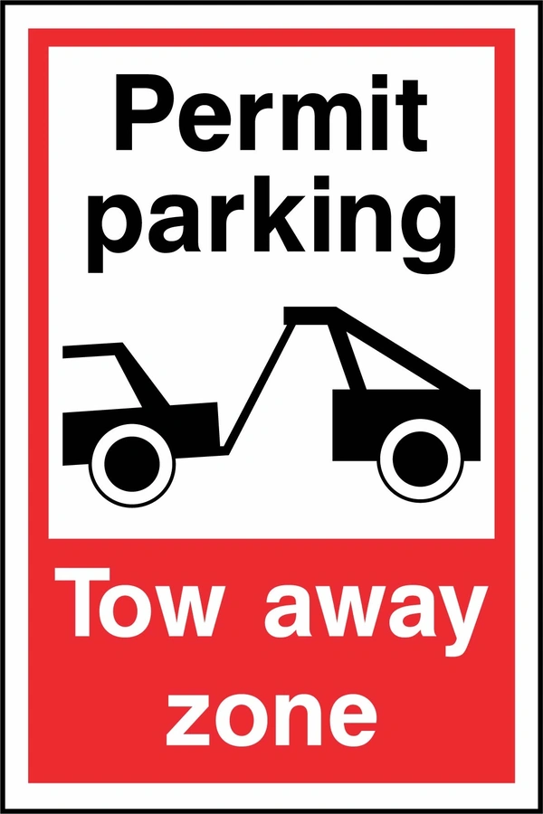 Permit parking — Tow away zone sign. tow-truck pictogram with red-and-white wording. Supplied artwork PARK0080.