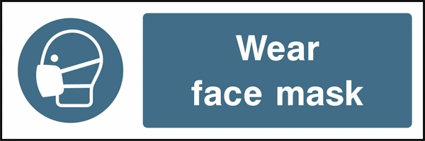Wear face mask sign showing blue face mask pictogram beside wording. Artwork PPE0011.