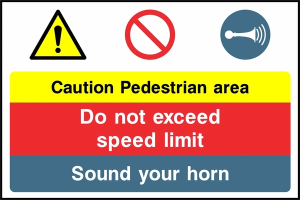 Yellow, red and blue panels with warning, prohibition and horn symbols with Caution Pedestrian area — Do not exceed speed limit — Sound your horn wording. CONS0119 artwork.