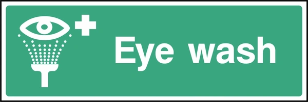 Eye wash sign showing eye and water spray pictogram. Artwork FAID0034.
