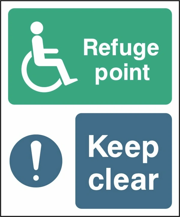 Refuge point — Keep clear sign showing green refuge and blue mandatory panels. Artwork EMER0079.